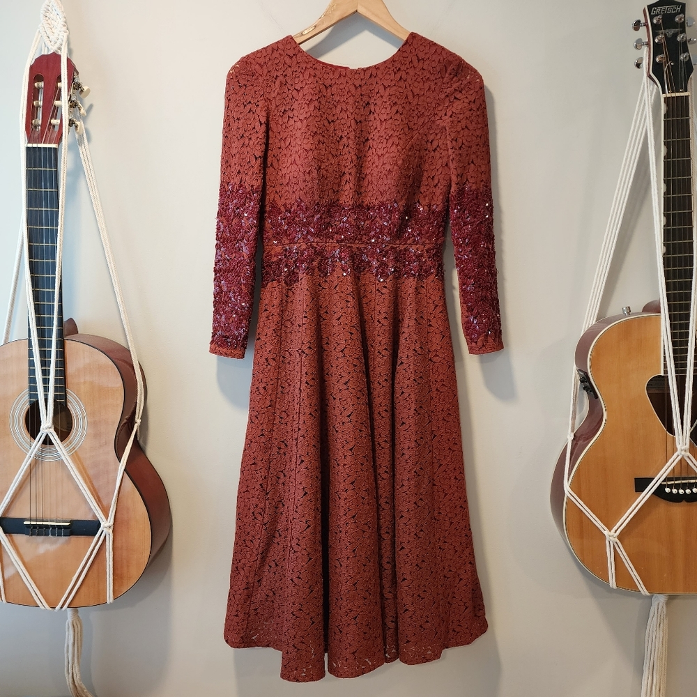 Manishii Rust/Ruby Sequin Embroidered Lace Anarka… - image 1